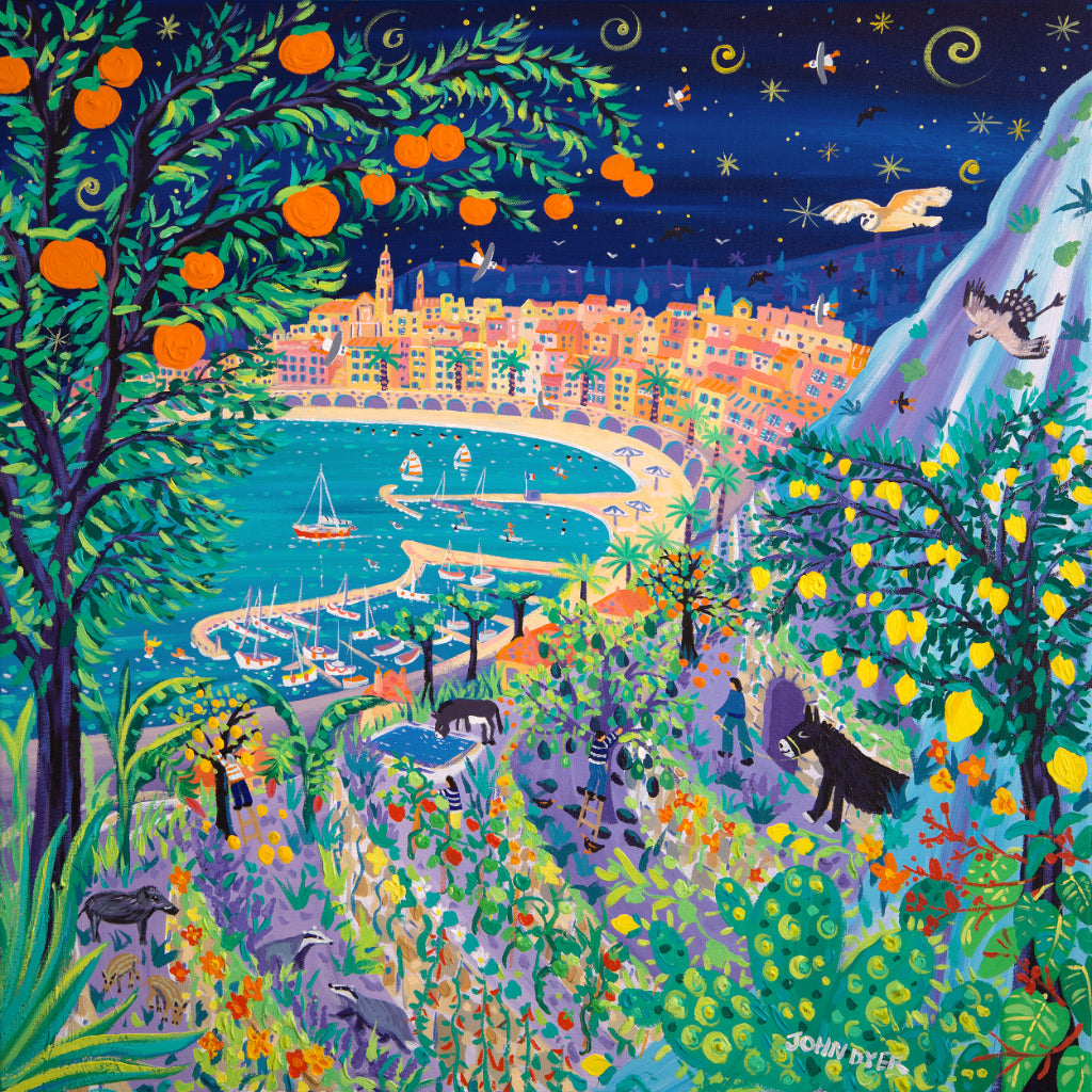 John Dyer Painting. Sailing past the Jardin Des Antipodes, Menton. 80cm x 80cm acrylic on canvas