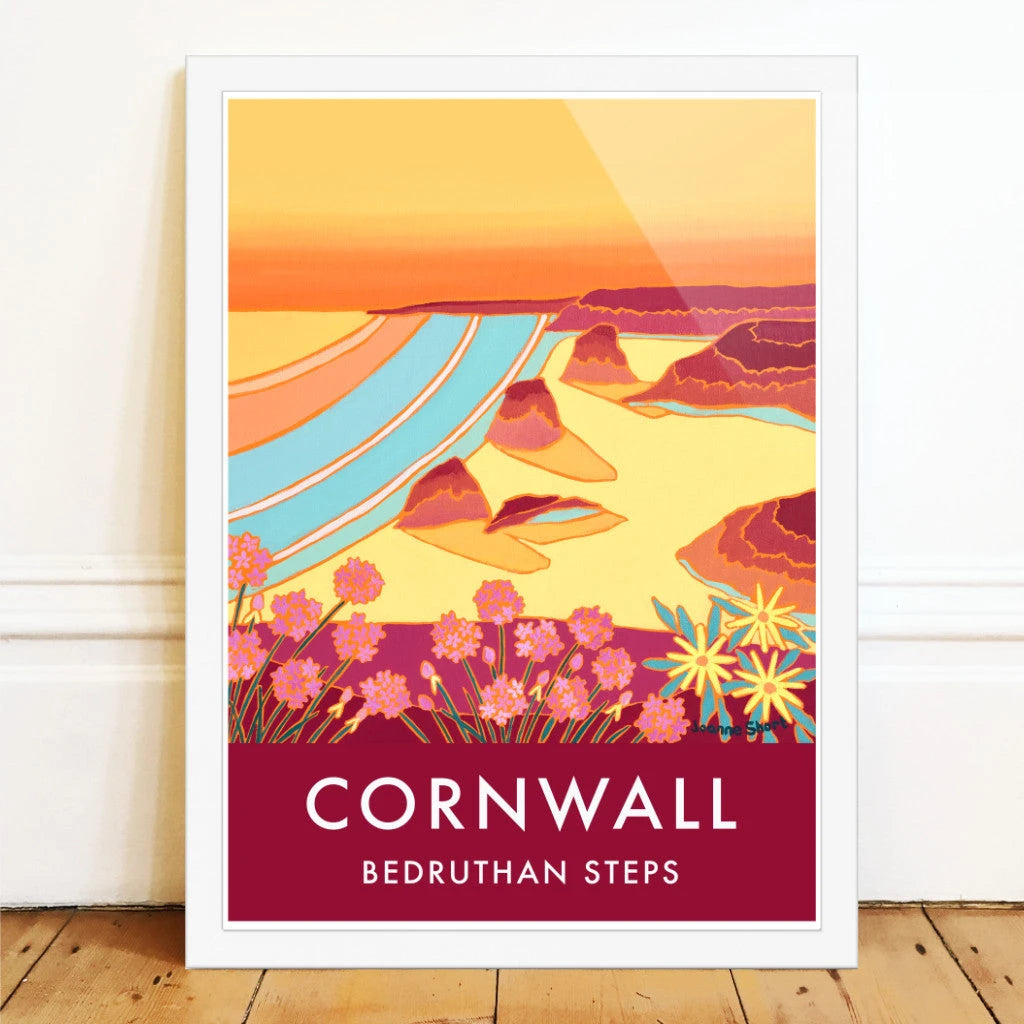 Bedruthan Steps, Carnewas Art Prints of Cornwall by Cornish Artist Joanne Short. Vintage Style Poster Print Art for Homes. Cornwall Art Gallery Joanne Short