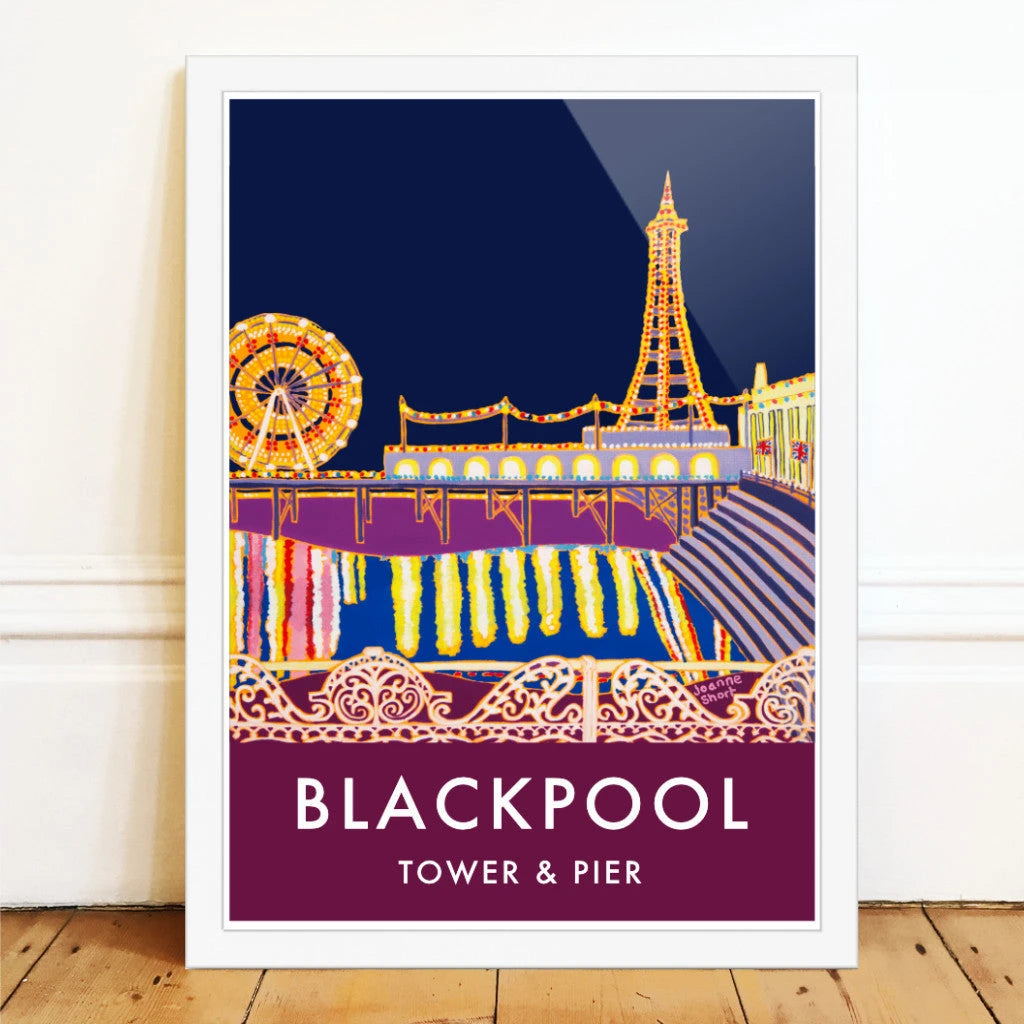 Vintage Style Travel Wall Art Poster Print by Joanne Short. Blackpool Tower and Pier Joanne Short
