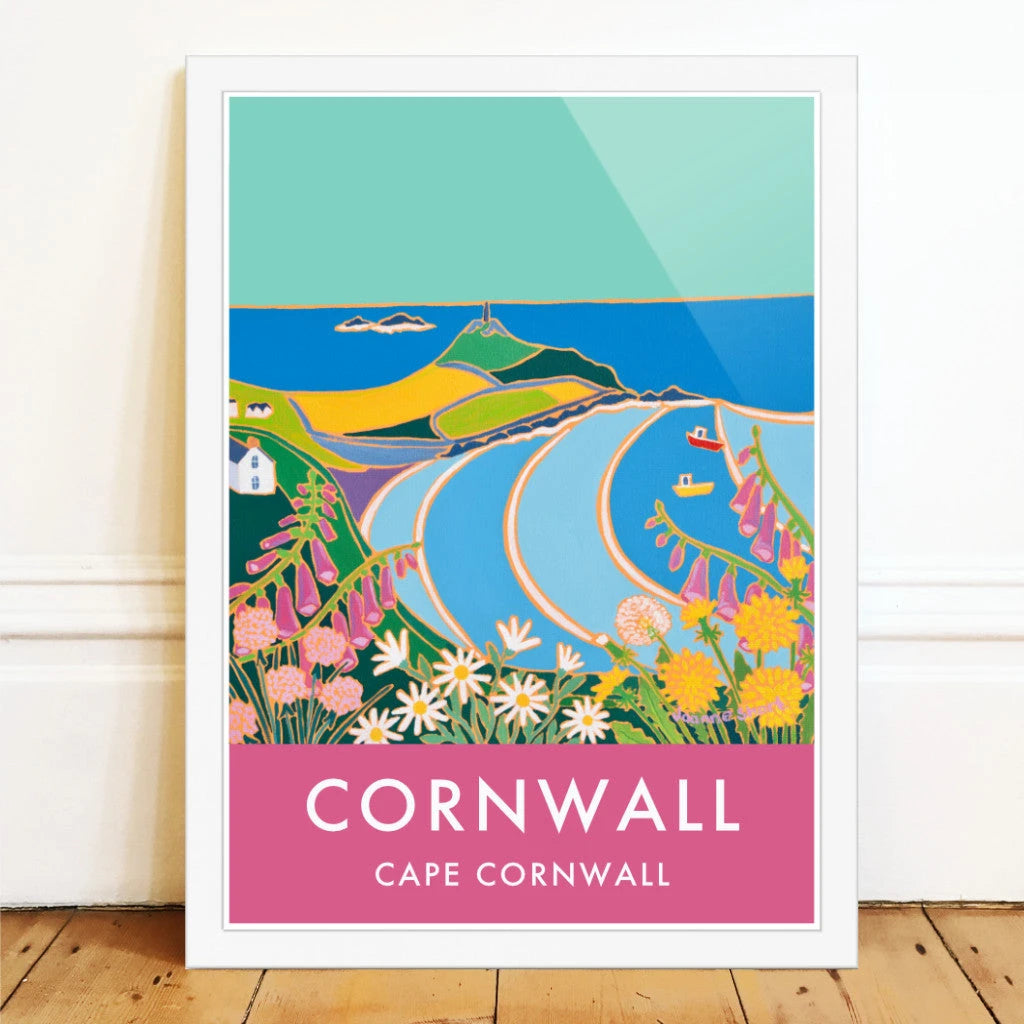 Cape Cornwall Art Prints of Cornwall by Cornish Artist Joanne Short. Vintage Style Poster Print Art for Homes. Cornwall Art Gallery Joanne Short