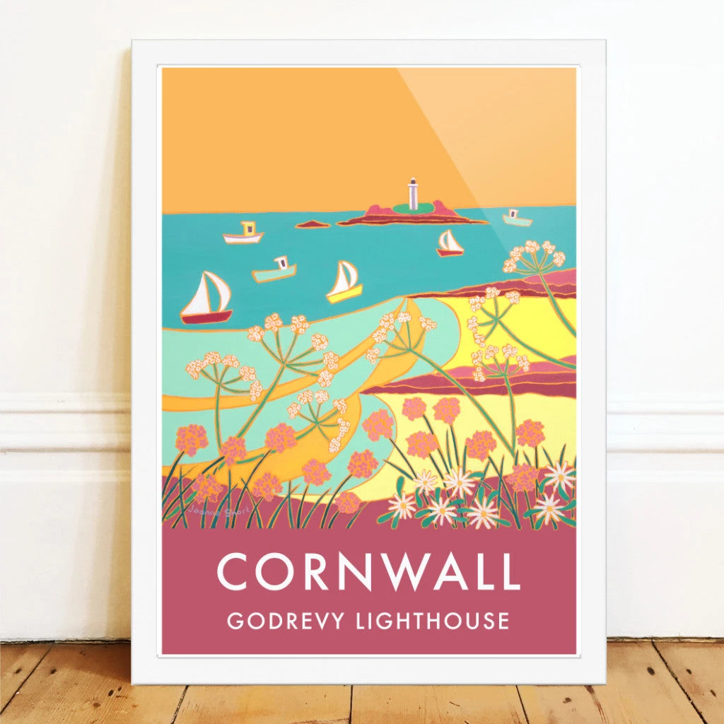 Godrevy Lighthouse, Gwithian Beach Sunset. Art Prints of Cornwall by Cornish Artist Joanne Short. Cornwall Art Gallery, Vintage Style Posters. Joanne Short