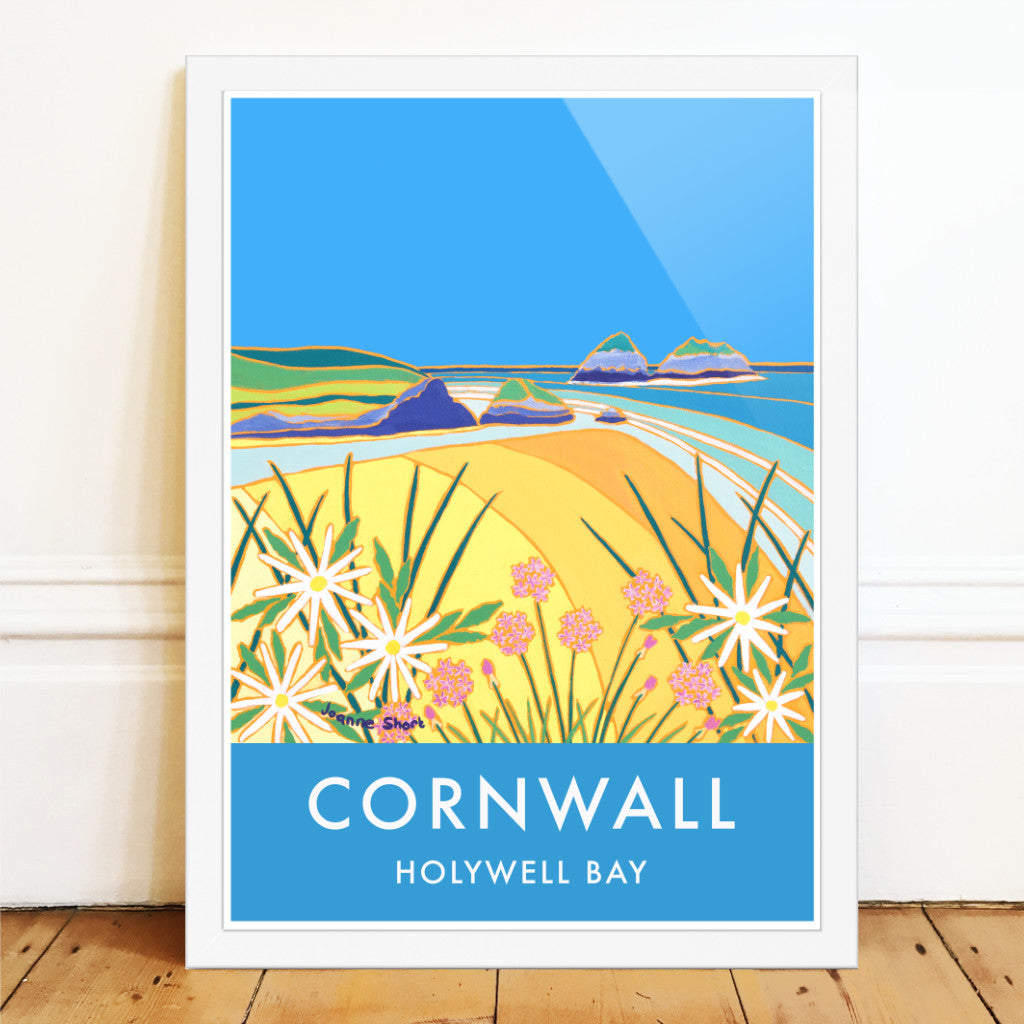 Holywell Bay Beach Art Prints of Cornwall by Cornish Artist Joanne Short. Vintage Style Poster Print Art for Homes. Cornwall Art Gallery