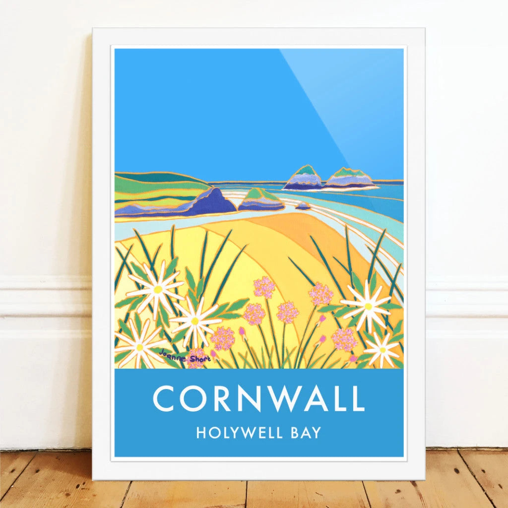 Holywell Bay Beach Art Prints of Cornwall by Cornish Artist Joanne Short. Vintage Style Poster Print Art for Homes. Cornwall Art Gallery Joanne Short