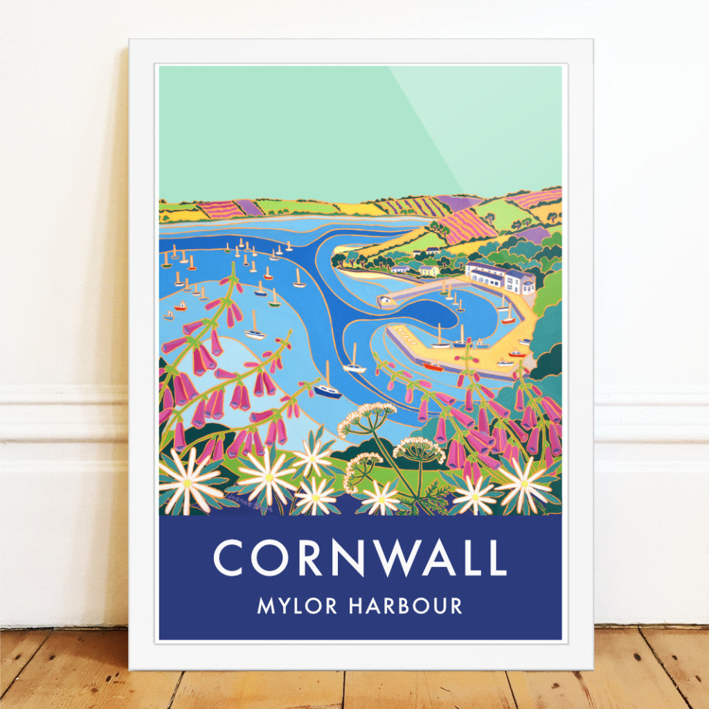 Mylor Harbour Art Prints of Cornwall by Cornish Artist Joanne Short. Cornwall Art Gallery, Vintage Style Poster Art for Homes