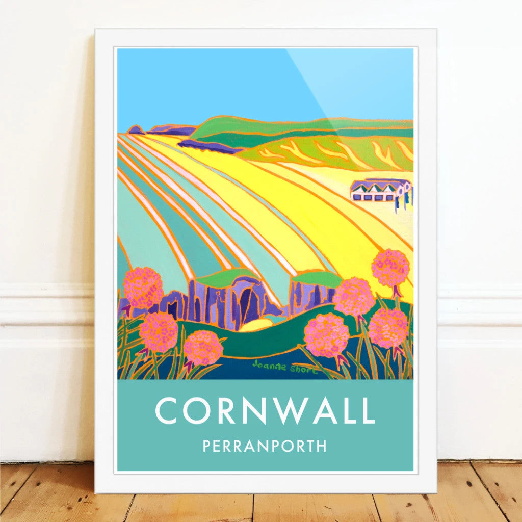 Perranporth Beach. Art Prints of Cornwall by Cornish Artist Joanne Short. Cornwall Art Gallery, Vintage Style Print. Art for Homes Joanne Short