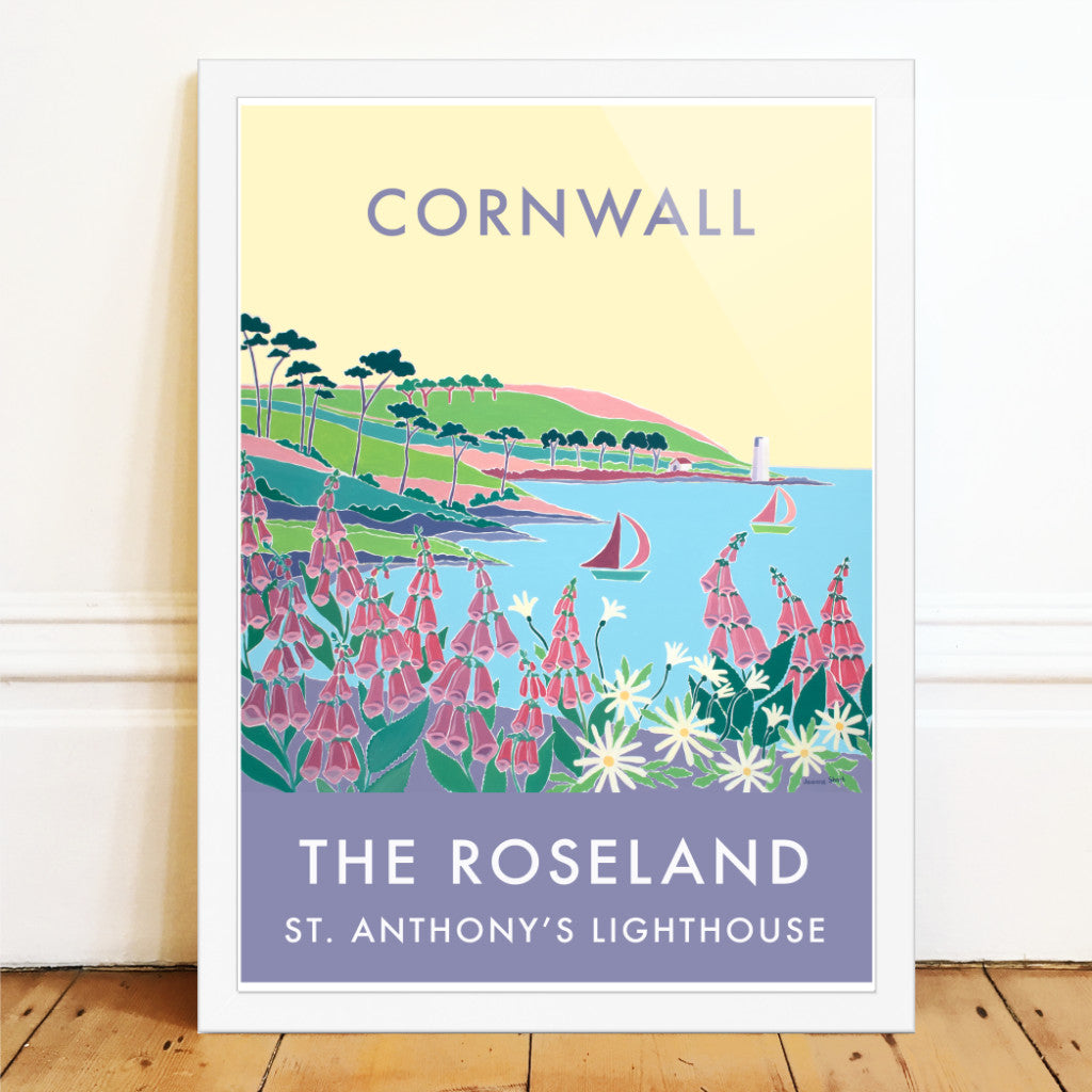 Cornwall wall art poster print of St. Anthony's Lighthouse on the Roseland Peninsula by Cornish artist Joanne Short. This vintage style art poster of St. Anthony's Lighthouse on the Roseland Peninsula in Cornwall by acclaimed Newlyn Society Artist Joanne Short is absolutely spectacular. Gorgeous colour combinations with foxgloves, daisies and a perfect blue sea create a wonderful vision of Cornwall. Stunning type and use of colour complete this very special travel archival art poster print.
