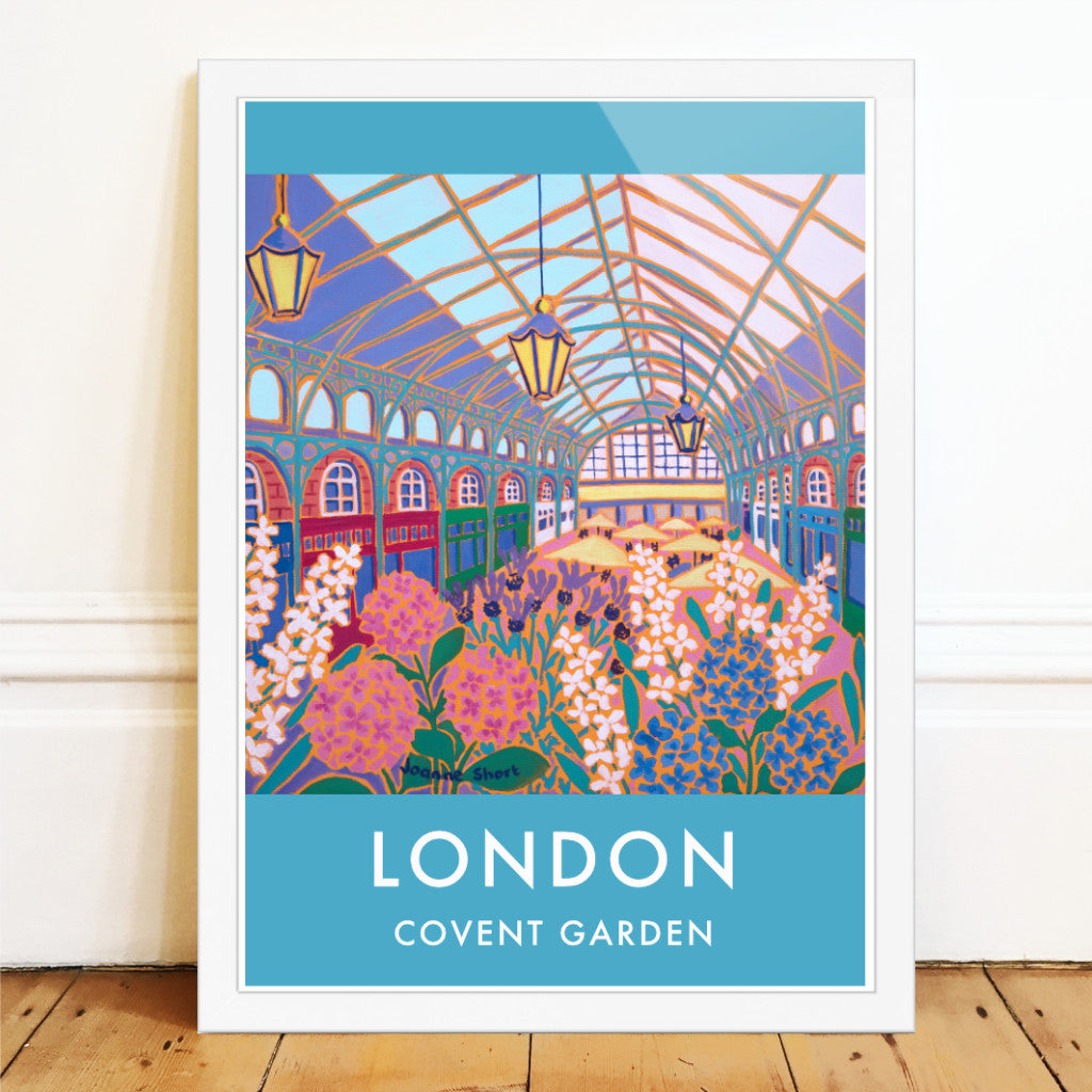 London wall art poster print of the flower market at Covent Garden by British artist Joanne Short. This vintage style art poster of the Flower Market, Covent Garden by artist Joanne Short is absolutely delightful and a perfect way to celebrate London in style. The artist has captured the architecture perfectly and her flat use of colour really helps to create the space and form in this piece. A3, A2, A1 and 70x100cm sizes.