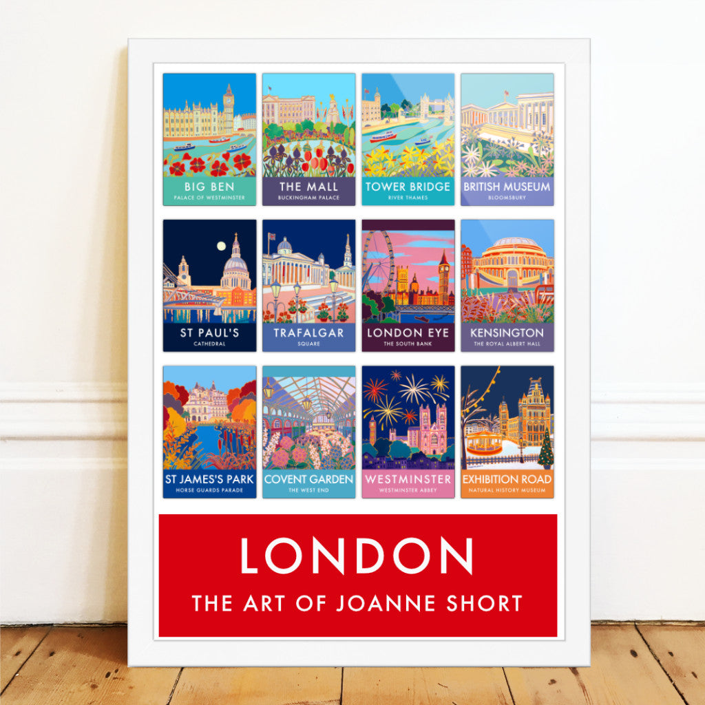 London wall art poster print of famous London Landmarks by British artist Joanne Short. A stunning vintage style art poster of London featuring twelve beautiful images of London painted by British colourist artist Joanne Short. Big Ben, Buckingham Palace, Tower Bridge, The British Museum, St Paul's Cathedral, Trafalgar Square, The London Eye, The Royal Albert Hall, St James's Park and Horse Guards Parade, Covent Garden, Westminster Abbey and the Natural History Museum