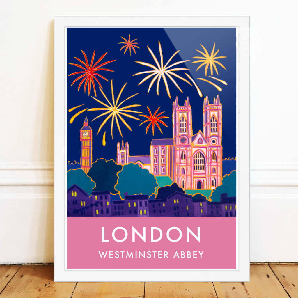 London wall art poster of Westminster Abbey with fireworks by British artist Joanne Short. Joanne Short's painting 'New Year Celebrations, Westminster Abbey, London' features on this beautiful vintage style art poster of London. Fireworks explode in the night sky over the London skyline. Big Ben can be seen illuminated in the background and Westminster Abbey is illuminated in pink and purple colours. A really magical image that creates a striking travel art poster.