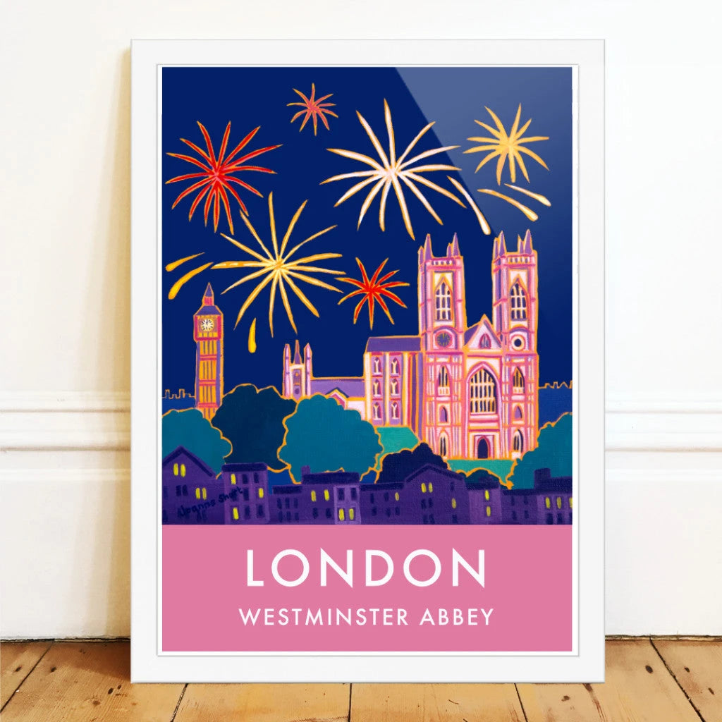 London Print of Westminster Abbey and Big Ben with Fireworks. Vintage Style Poster Design by British Artist Joanne Short Joanne Short