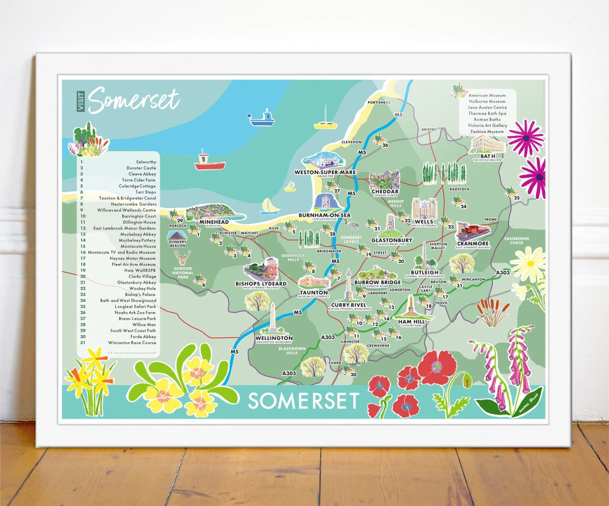 Vintage Style Wall Art Poster Print by Joanne Short. Illustrated Art Map of Somerset Joanne Short