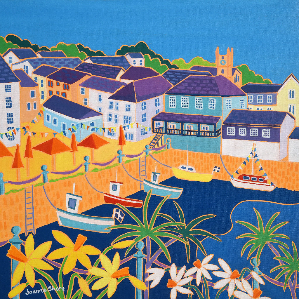 Joanne Short oil painting of Customs House Quay in Falmouth, Cornwall. palm trees, daffodils, bunting, cafe, pub and fishing boats.