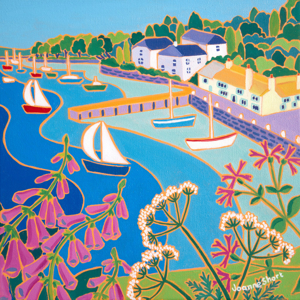 The Pandora Inn on the South Coast of Cornwall painted by Cornish artist Joanne Short. Wild Cornish flwers including foxgloves, cow parsley and campion feature.