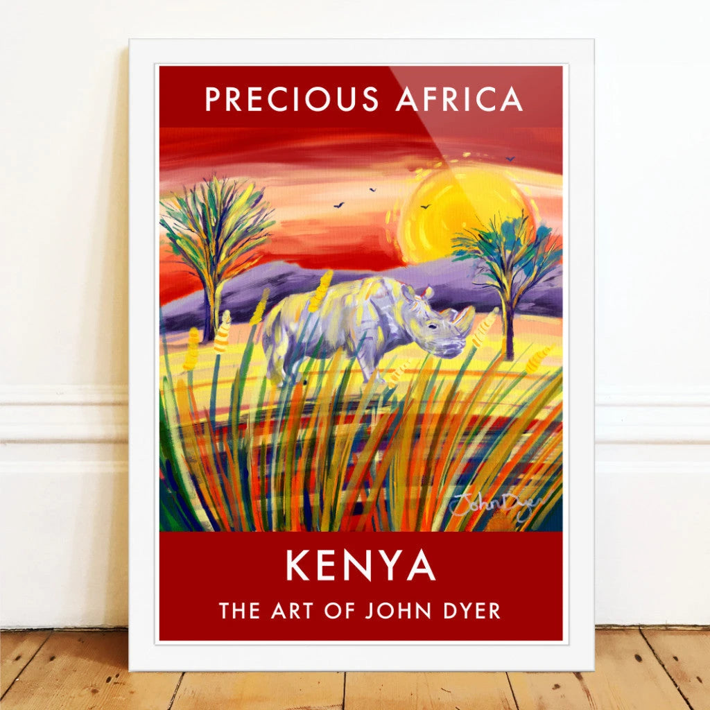 African Art Wall Art Poster Print by John Dyer. Northern White Rhino Sunset in Kenya. Animal Art Prints John Dyer