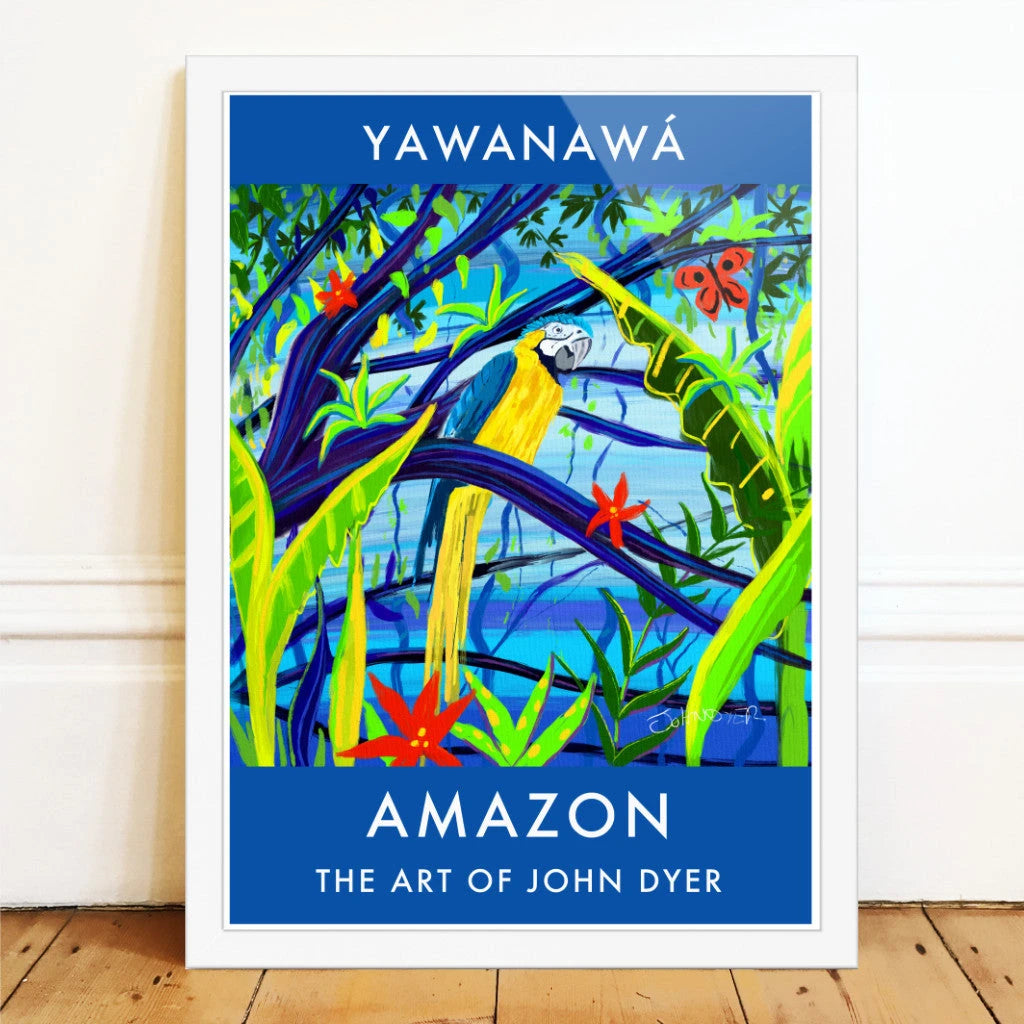 Vintage Style Wall Art Jungle Poster Art Print by John Dyer. Amazon Rainforest Blue and Yellow Macaw Parrot. Animal Art Prints John Dyer