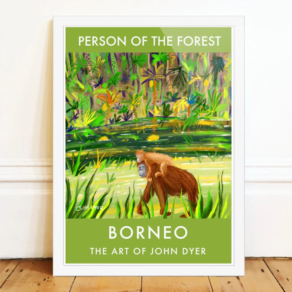 Vintage Style Travel Art Poster Print by John Dyer. Orangutan Mother and Child, Borneo. Animal Art Prints John Dyer
