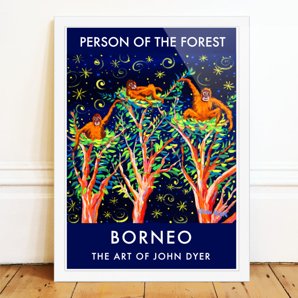 This wall art poster print features John Dyer's adorable painting of baby orangutans in their nests in the rainforest canopy of Borneo. Stars twinkle overhead and the orangutans settle into their newly built nests, which they build from fresh leaves and sticks every night. John Dyer travelled to Borneo and painted with the Orangutan Foundation, deep in the rainforest of southern Borneo