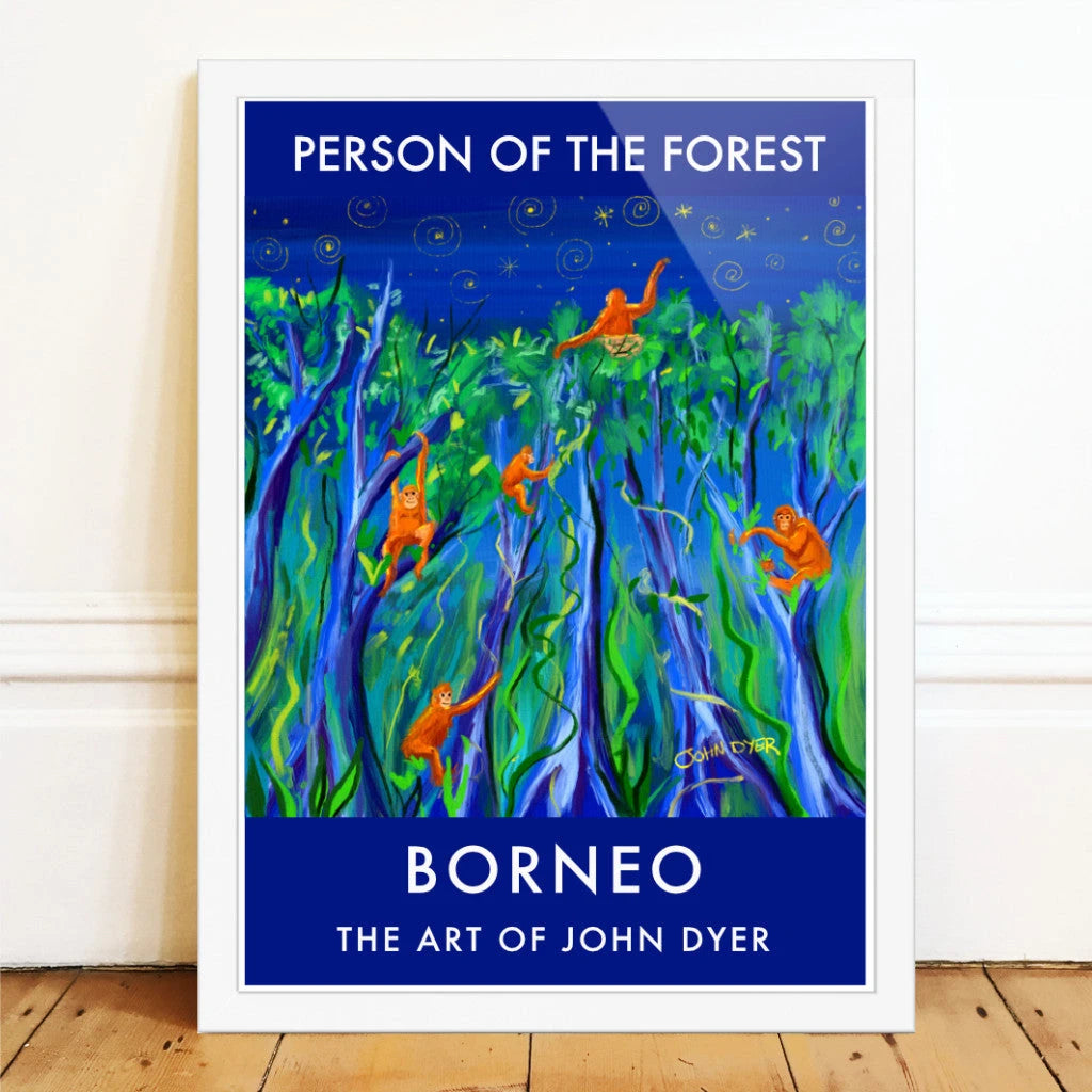 Vintage Style Travel Art Poster Print by John Dyer. Orangutan Nights, Borneo Rainforest. Animal Art Prints John Dyer