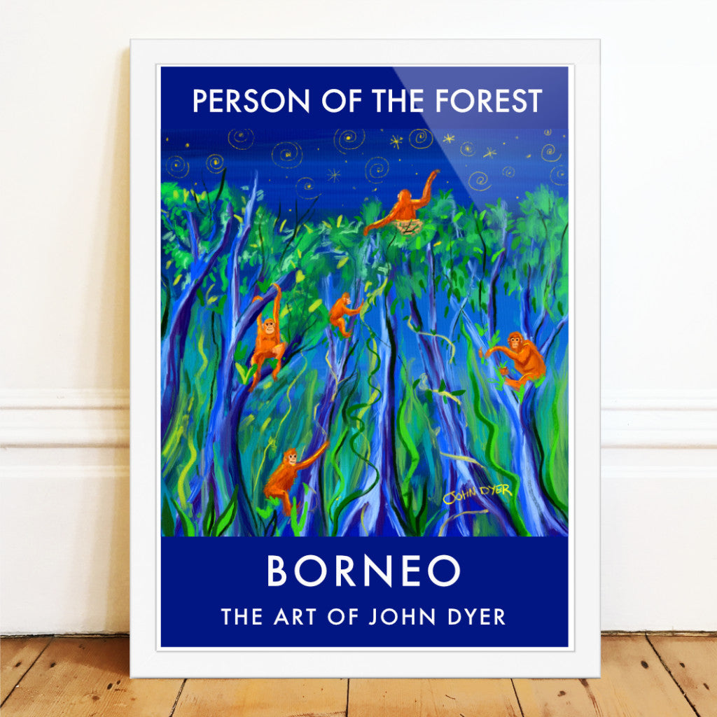 Wall art poster print of orangutans in the Borneo rainforest. Artist John Dyer has captured orangutans climbing through the rainforest to their nests in this beautiful art poster. The artist completed the drawing on an expedition to Borneo where he lives alongside the wild orangutans in the rainforest. At the top of the image, a single orangutan sits in its nest gazing at the stars and looking out across the rainforest canopy.