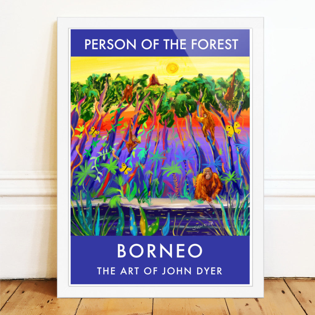 This striking John Dyer fine art wall poster print of wild orangutans watching the sunset in the rainforest really captures the energy and life of this critically endangered species in its natural habitat of the tropical peat forests of Borneo. Created by the artist on an expedition to Borneo where he lived alongside the orangutans.