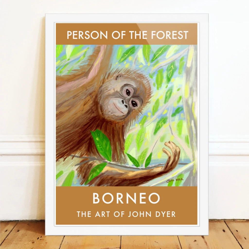 Vintage Style Travel Poster Art Print by Artist John Dyer. Baby Orangutan, Borneo Rainforest. Animal Art Prints John Dyer