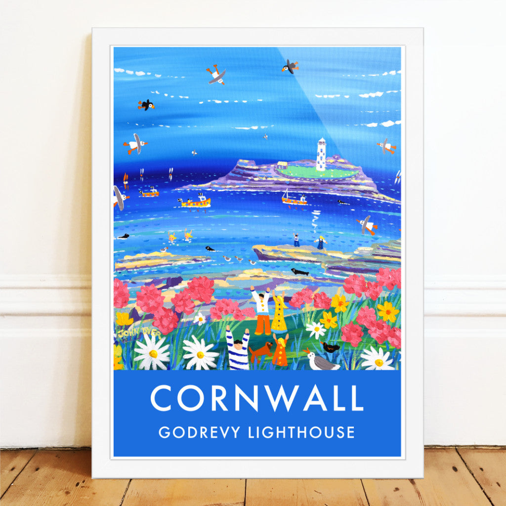 This fabulously colourful vintage style wall art poster print by Cornish artist John Dyer of Godrevy lighthouse and Gwithian beach in Cornwall will really make a positive impact in your home. With rich clear colours and John's amazing array of characters from sausage dogs, seagulls, seals, mermaids and families enjoying the cliffs it will bring a splash of Cornish fun and freedom to all who view. Available unframed or framed and ready to hang on your wall.