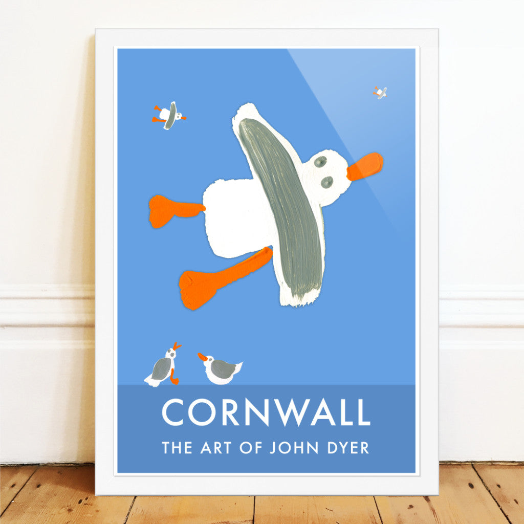 Cornish seaside wall art poster print of seagulls by artist John Dyer. John Dyer&#39;s painted seagulls have become one of Cornwall&#39;s most iconic art pieces. Instantly recognisable and much loved the artist&#39;s way of painting seagulls brings a smile to all who view. The artist uses birds and seagulls throughout his work. Seagulls create the soundtrack to the sea and define life on the coast. 