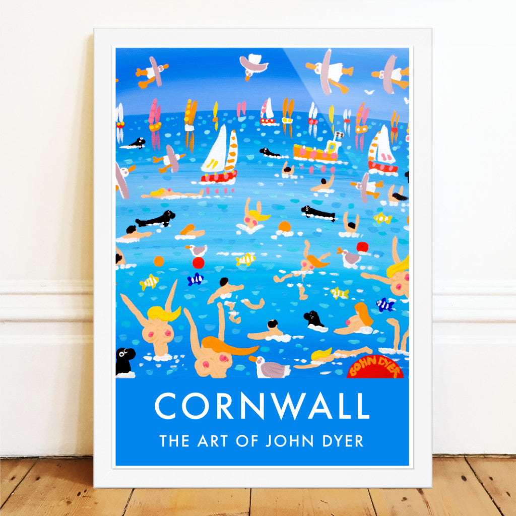 John Dyer art poster print of Cornwall with saucy cold water seaside topless bathers, seals, seagulls and Cornish boats. A fabulously fun seaside vintage style art poster by acclaimed Cornish artist John Dyer. Turquoise and blue sea with vintage style type create a real splash of summer. John Dyer's famous seagulls zoom through the blue sky. A perfect piece of Cornwall and a great John Dyer poster print for your wall. Available unframed or framed in a range of sizes.