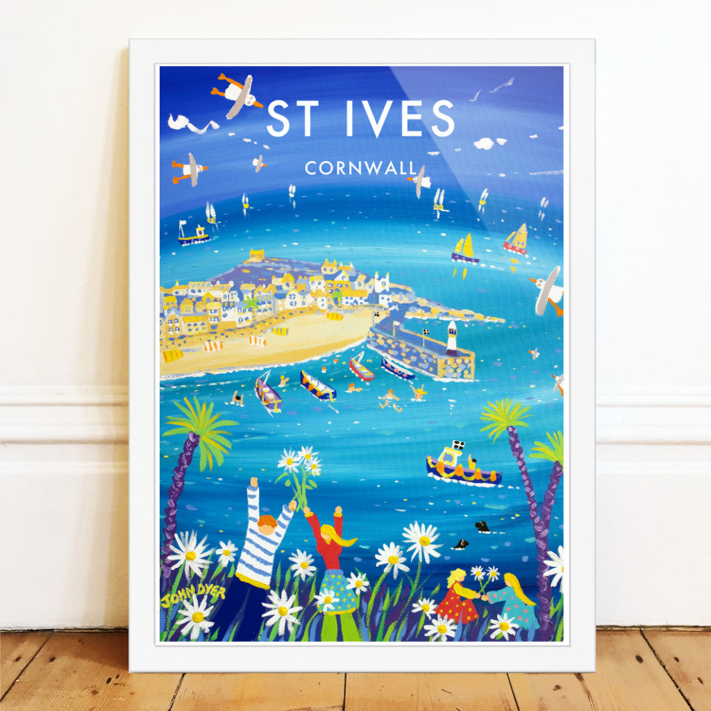 A wonderful John Dyer wall art poster print of St Ives in Cornwall with vintage style lettering and type. This colourful image by one of Cornwall's most famous artists is the perfect way to bring a touch of Cornish seaside magic into your home or office. Turquoise blue sea, summer flowers, Cornish fishing boats and all with John Dyer's famous flying seagulls. Available now either unframed or framed and ready to hang straight on your wall.