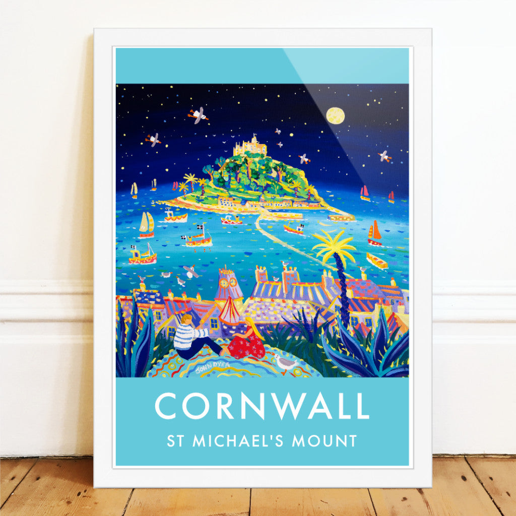This stunning vintage style art poster print by Cornwall's best loved contemporary artist, John Dyer, is of a full moon over St Michael's Mount. A couple picnic under the stars in the foreground at Marazion surrounded by sub-tropical plants. A seagull joins them looking for crumbs and the view out over Marazion to Mount's Bay beyond is stunning. Wonderful colours and great narrative in this very special art poster print or Cornwall. Available unframed or framed and ready to hang on your wall.