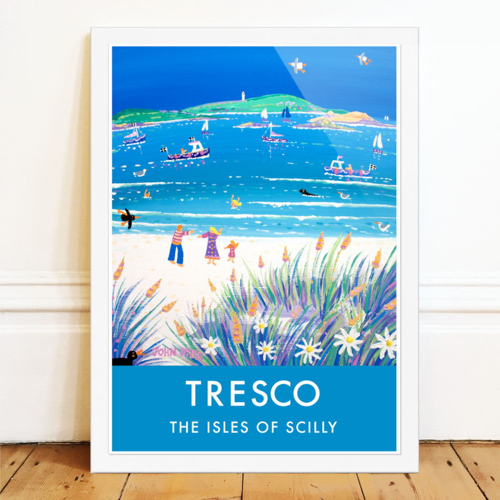John Dyer wall art poster print of Tresco, Isles of Scilly in Cornwall. The Island of Tresco, Isles of Scilly is a favourite subject for Cornish artist John Dyer to paint. This vintage style seaside travel art poster print features one of the artist's paintings of the beach on Tresco. The wonderfully blue sea and white sand make a wonderful backdrop for the wild grasses and flowers that grow around the coast. A fabulous art poster print that captures Tresco at its best.