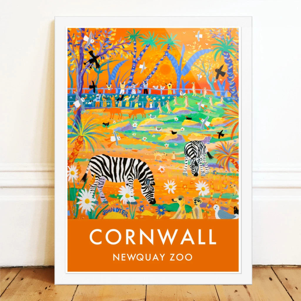 Vintage Style Travel Poster Art Print by Cornish Artist John Dyer of Newquay Zoo Sunset Safari Zebras. Animal Art Prints John Dyer