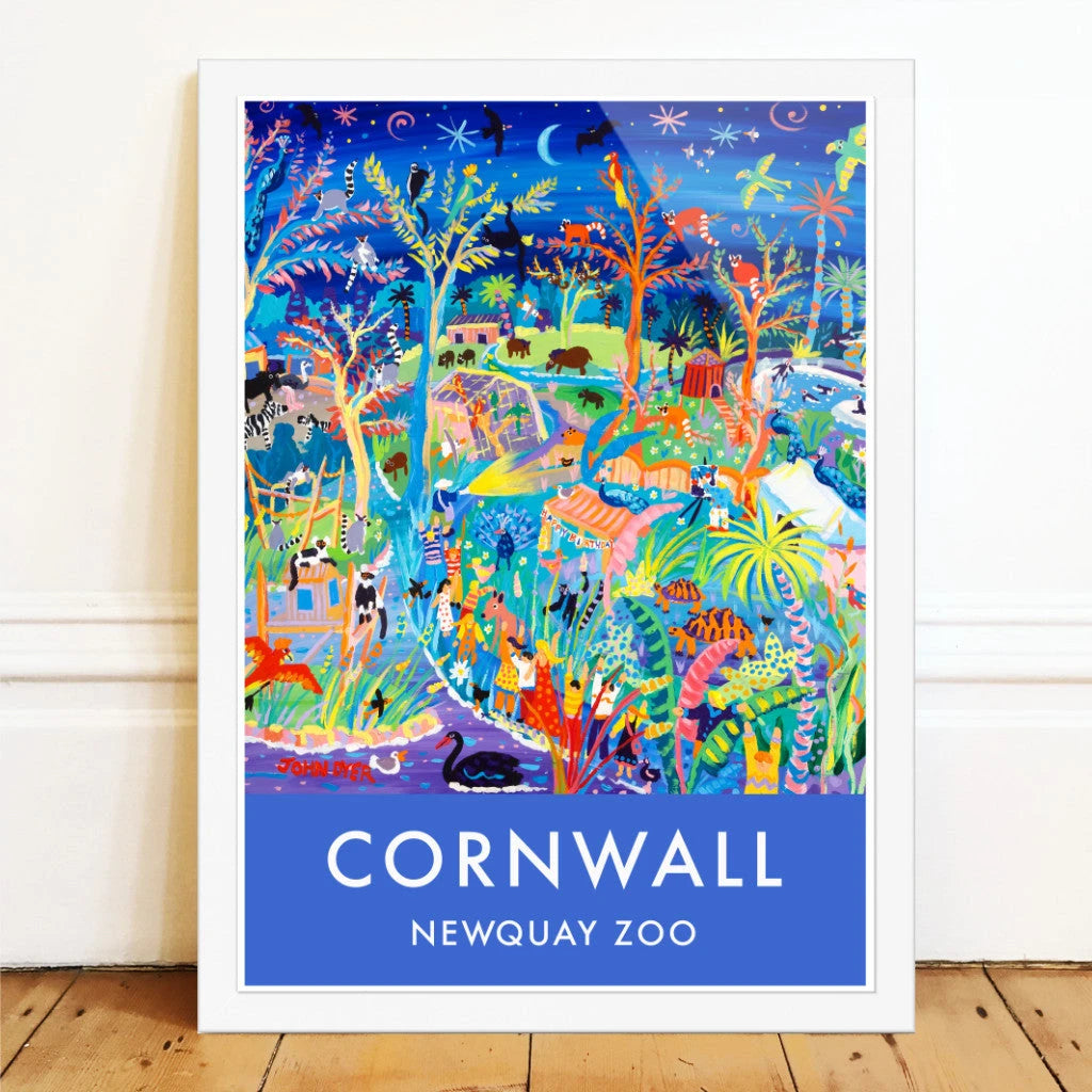 Vintage Style Seaside Travel Poster Art Print by Cornish Artist John Dyer of Newquay Zoo in Cornwall with Zoo Animals. Animal Art Prints John Dyer