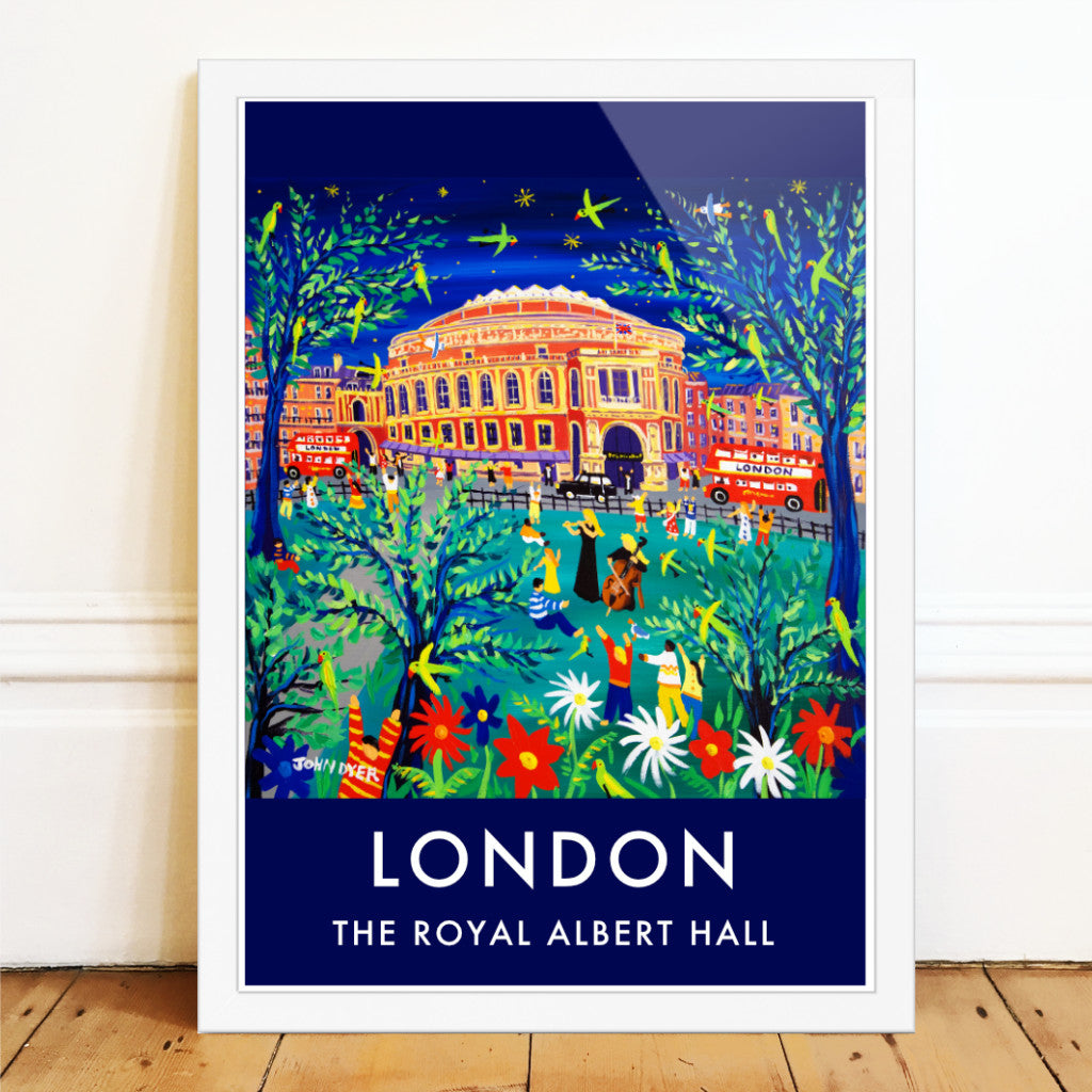 John Dyer's wall art poster print of London features 'Performing to the Parrots in the Park, Royal Albert Hall' which makes for the perfect vintage style art poster print of London. Featuring Hyde Park & the Royal Albert Hall the print is a complete celebration of London life & culture with musicians performing flute and cello music to parrots in the park with black cabs & London buses whizzing past. Fantastic! Available unframed or framed and ready to hang on your wall at home or work.