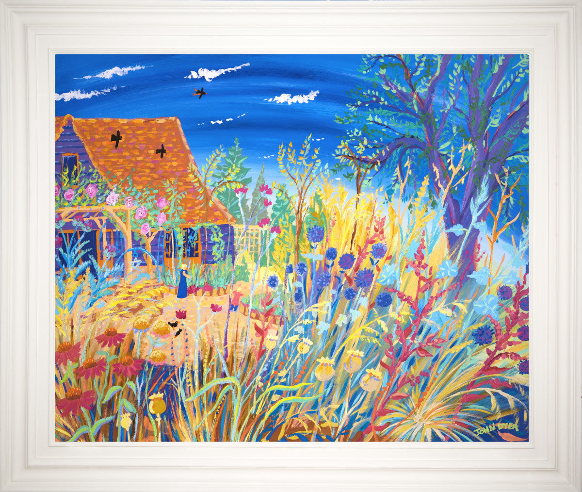 Painted by John during a weeks residency with rock star Kim Wilde. The late summer , grasses, poppy seed heads & flowers are painted with real energy but the painting still has a gentle feel.Kim Wilde can be seen with her daughter Rose in the painting.