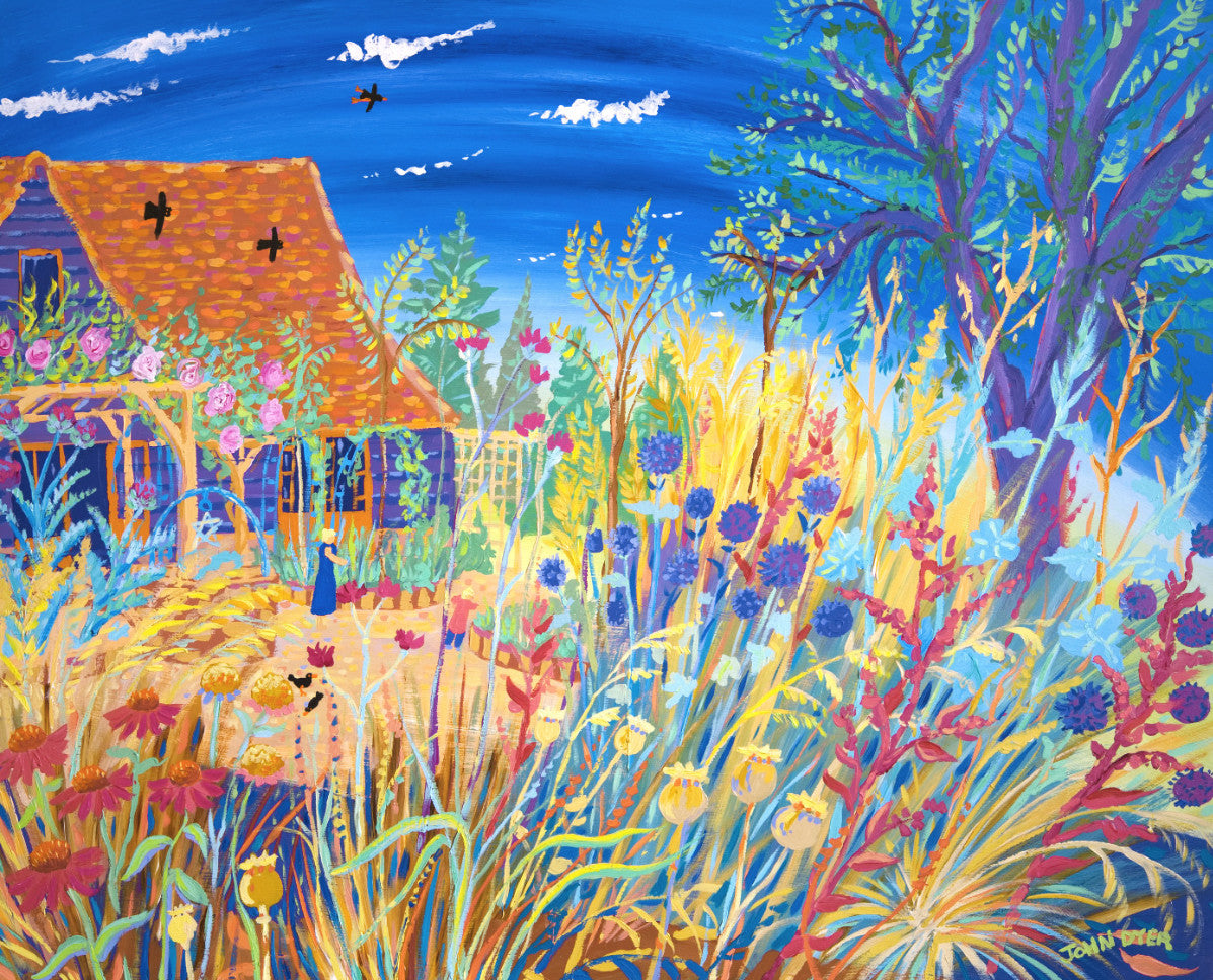 Painted by John during a weeks residency with rock star Kim Wilde. The late summer , grasses, poppy seed heads & flowers are painted with real energy but the painting still has a gentle feel.Kim Wilde can be seen with her daughter Rose in the painting.