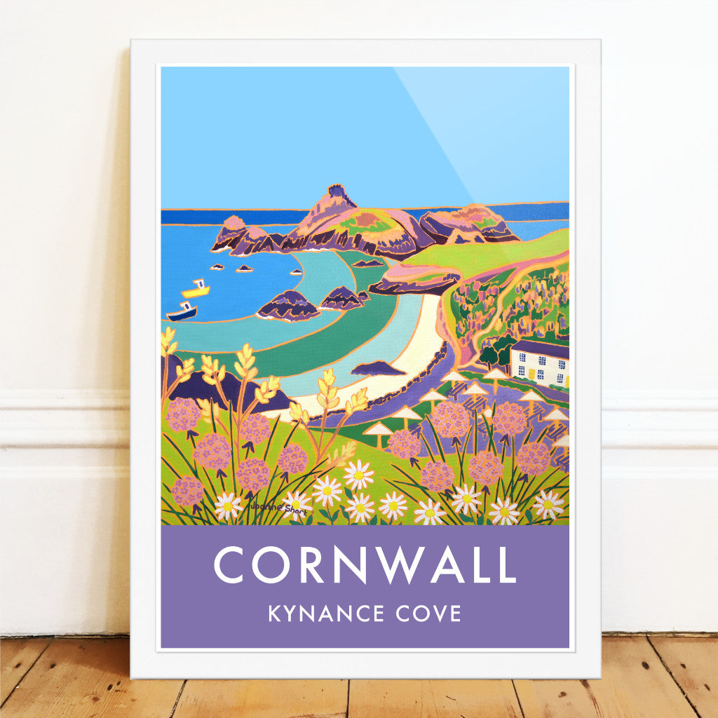 Kynance Cove, on the Lizard peninsular in the far south of Cornwall, is beautifully captured by Cornish artist Joanne short in her painting of the beach that is reproduced on this colourful seaside wall art contemporary poster print. Sea pinks fill the foreground and our view takes us across the beach and captures the whole of Kynance Cove with the clear blue and aqua sea colours. A stunning piece of Cornish art archivally reproduced on this art poster print for you to enjoy on your walls.