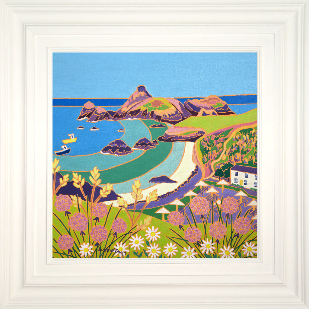 A spectacular oil painting of Kynance Cove in Cornwall by Cornish artist Joanne Short. The artist's unique way of working brilliantly captures the form and colours of the landscape with the rugged rocks and the sweep of the bay described with a clarity and vision that is quite remarkable. Sea Pinks and wild Cornish flowers fill the foreground and our view is taken out across the cliffs to Kynance Cove beyond. Perfect.