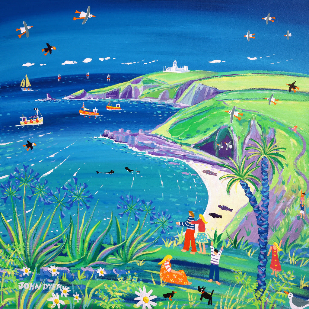 Bass Point on the Lizard Peninsular in Cornwall looking back to the Lizard Lighthouse. Painting by famous Cornish artist John Dyer.
