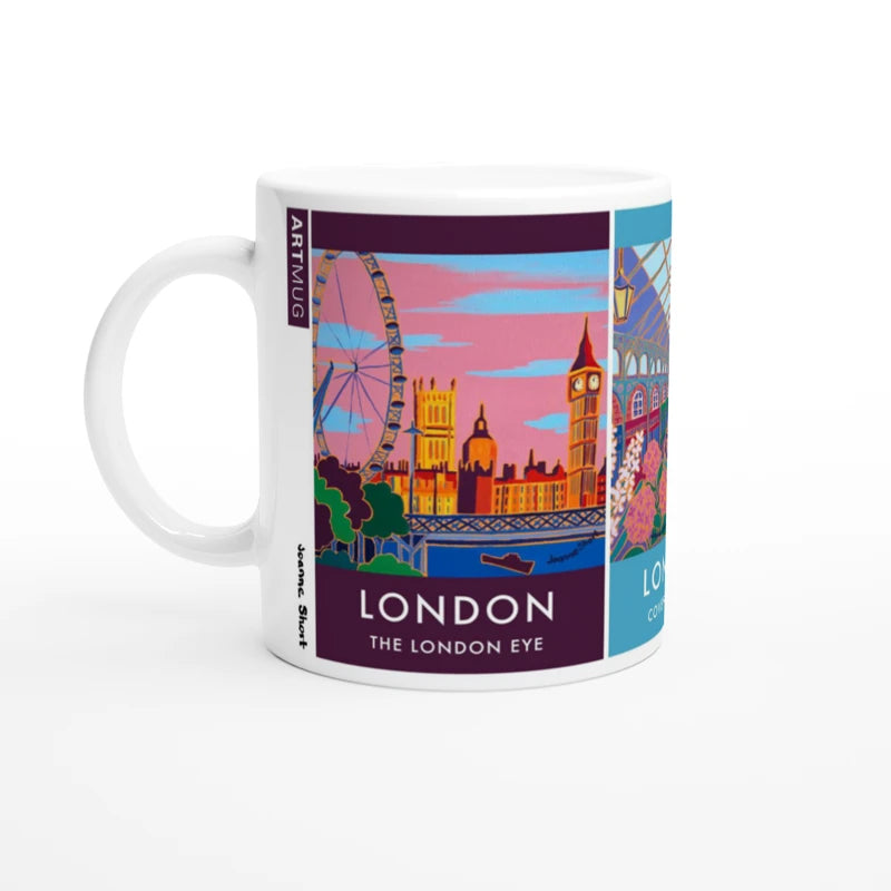 Joanne Short Ceramic Art Mug featuring London. The London Eye, Covent Garden and Kew Gardens Joanne Short