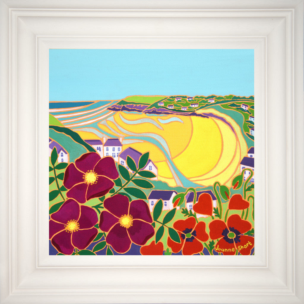 Joanne Short Painting. Beach Roses and Poppies, Mawgan Porth. 12 x 12 inches, oil on canvas