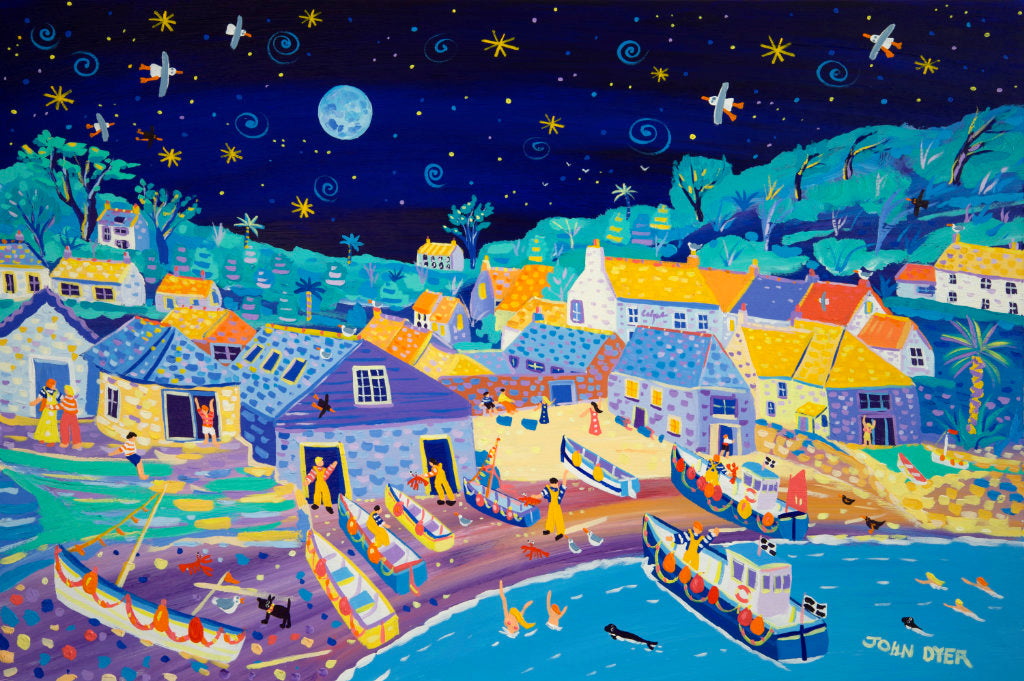A watery moon lights up this pretty seaside hamlet as fishermen bring in their haul and skinny dippers swim with seals in this stunning original painting by Cornish artist John Dyer. The beach is busy with small Cornish fishing boats and the sky full of twinkling stars. John’s iconic seagulls circle above waiting for the next catch in this idyllic scene. This is a painting which will bring alive any room it hangs in; a joy to behold.