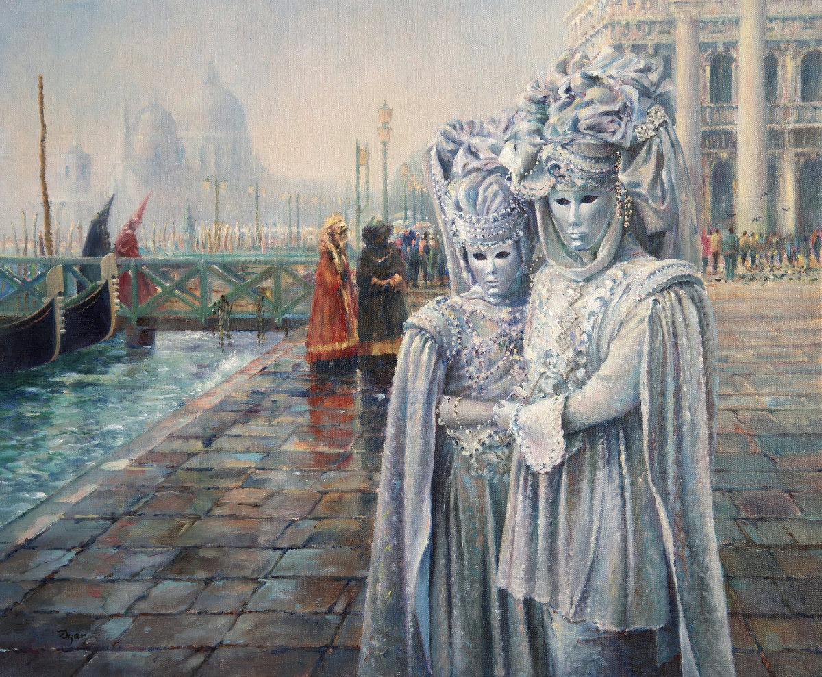 'Morning of the Carnival. Venice', 20x24 inches original art oil on canvas. Paintings of Italy by Artist Ted Dyer from our Cornwall Art Gallery Ted Dyer