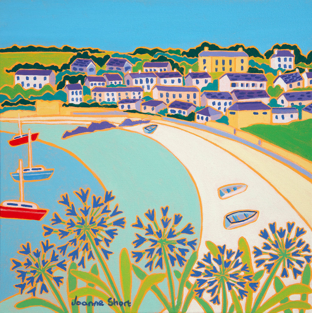 This original oil painting by acclaimed Cornish artist Joanne Short, of Porthcressa Beach, captures the beauty and tranquility of St. Mary’s in the Isles of Scilly to perfection. Boats bob near to the shore as the blue agapanthus dazzle in the foreground, lifting their heads above the glistening white sand typical of the Isles of Scilly. This painting gives out an aura of calm, away from the bustle of everyday life; something to sit, enjoy and dream about.