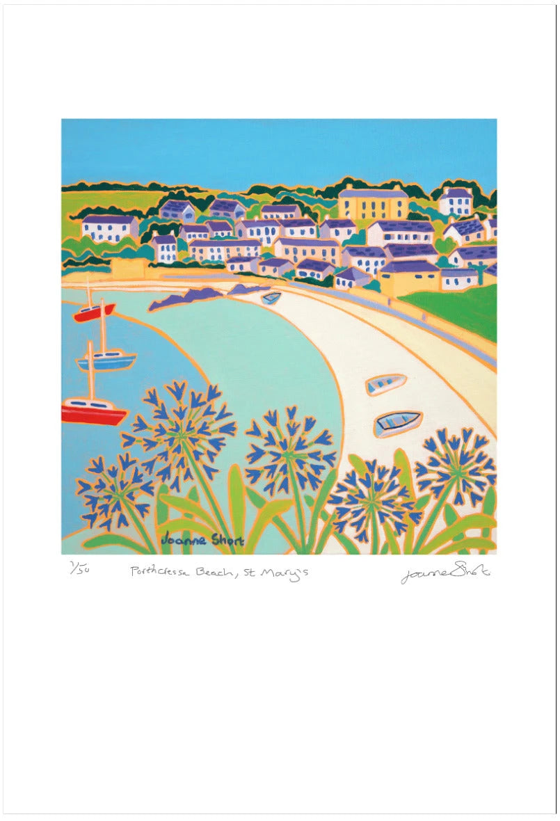 Isles of Scilly Limited Edition Print by Cornish Artist Joanne Short. 'Porthcressa Beach, St Mary's'. Cornwall Art Gallery Print Joanne Short