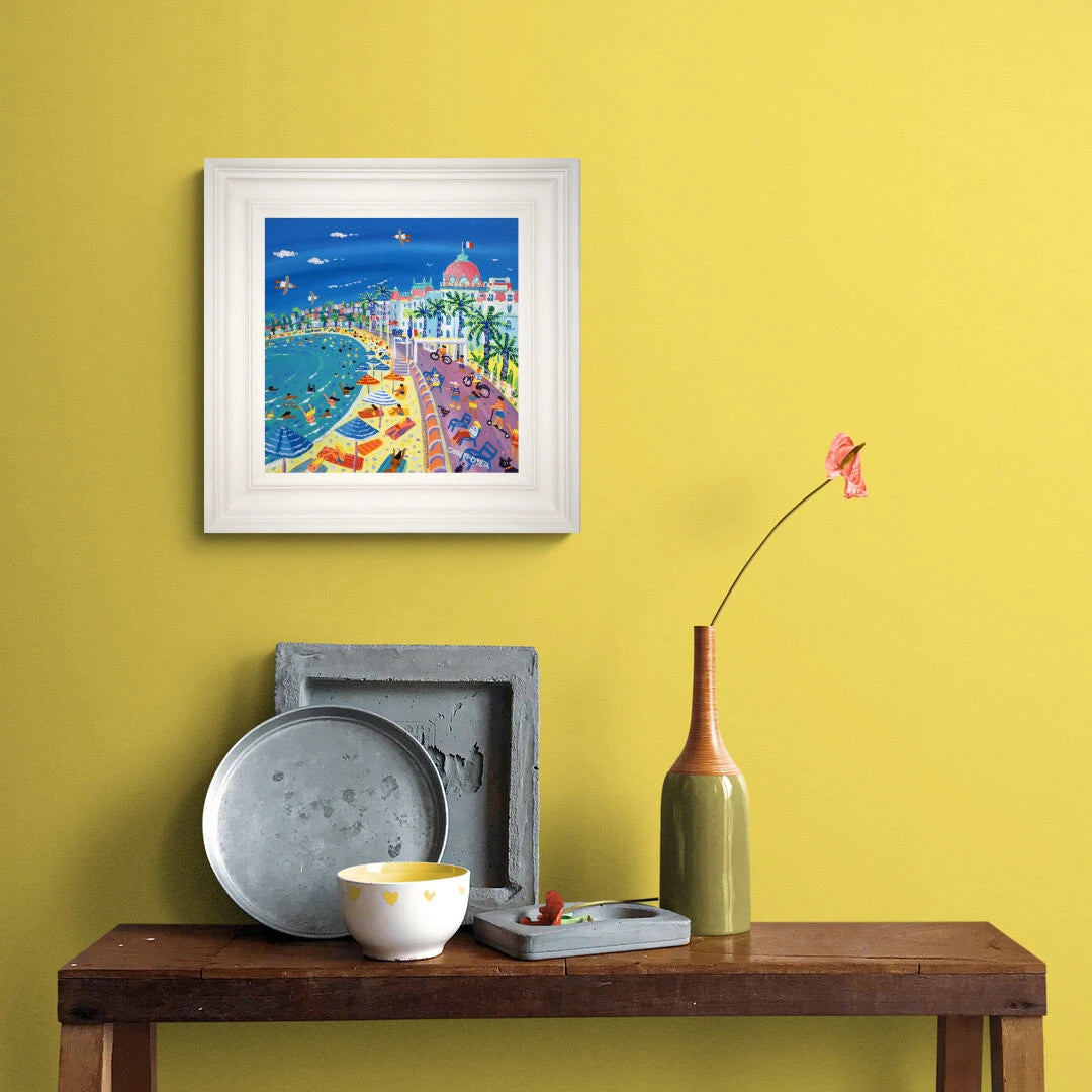 'Summer Fun on the Beach, Le Negresco, Nice', 12x12 inches acrylic on canvas. Paintings of France by British Artist John Dyer. French Art Gallery John Dyer