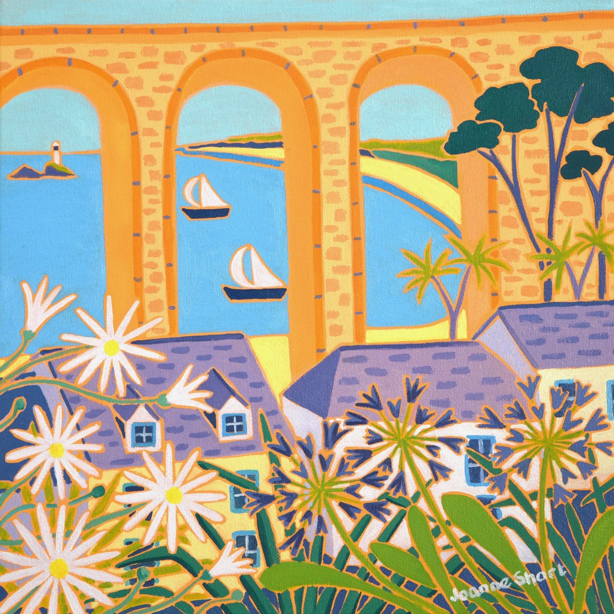 'Sailing Past the Viaduct Carbis Bay', 12x12 inches oil on canvas. Painting by Cornish Artist Joanne Short. Cornish Art from our Cornwall Art Gallery Joanne Short