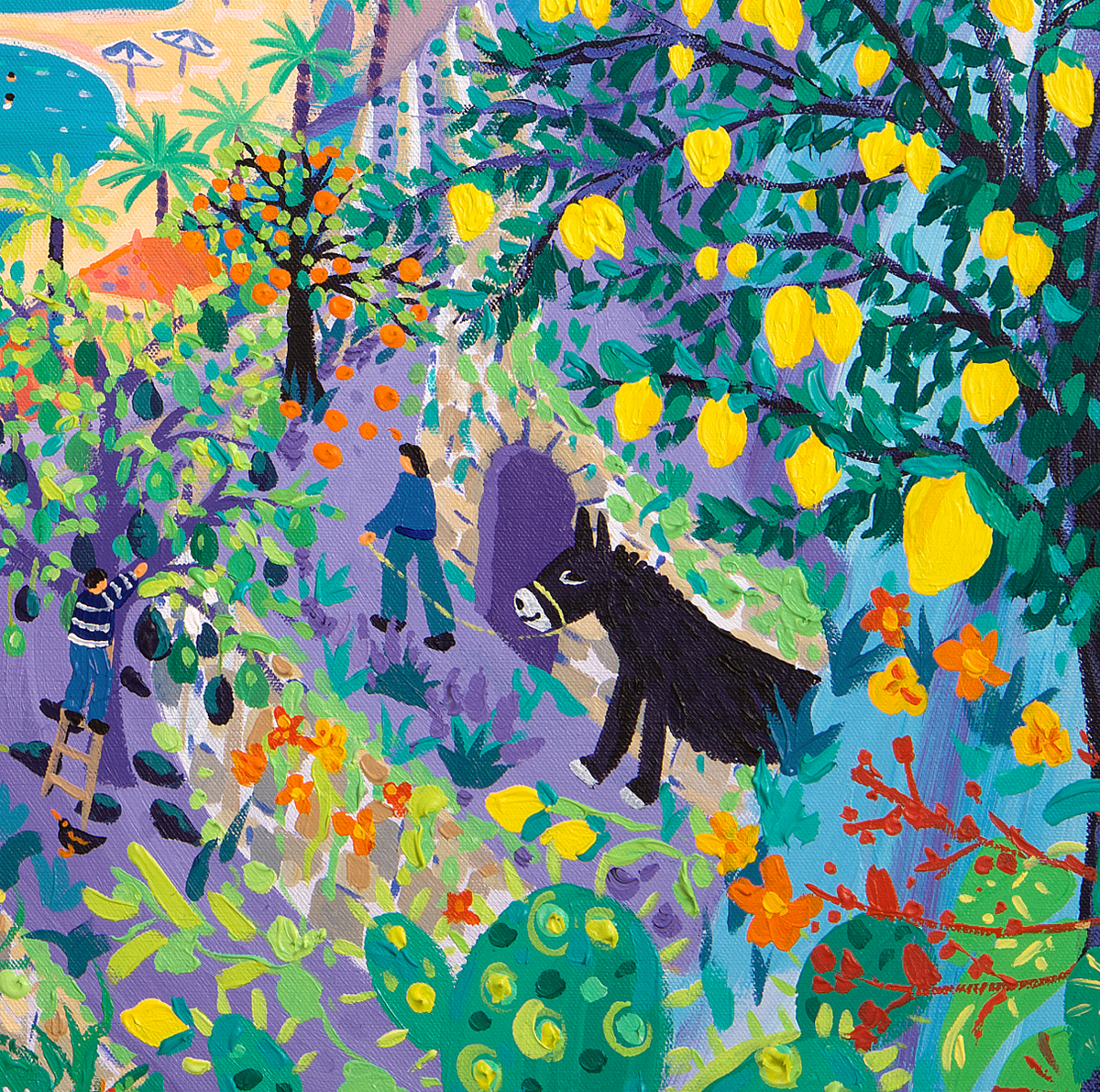 John Dyer Painting. Sailing past the Jardin Des Antipodes, Menton. 80cm x 80cm acrylic on canvas