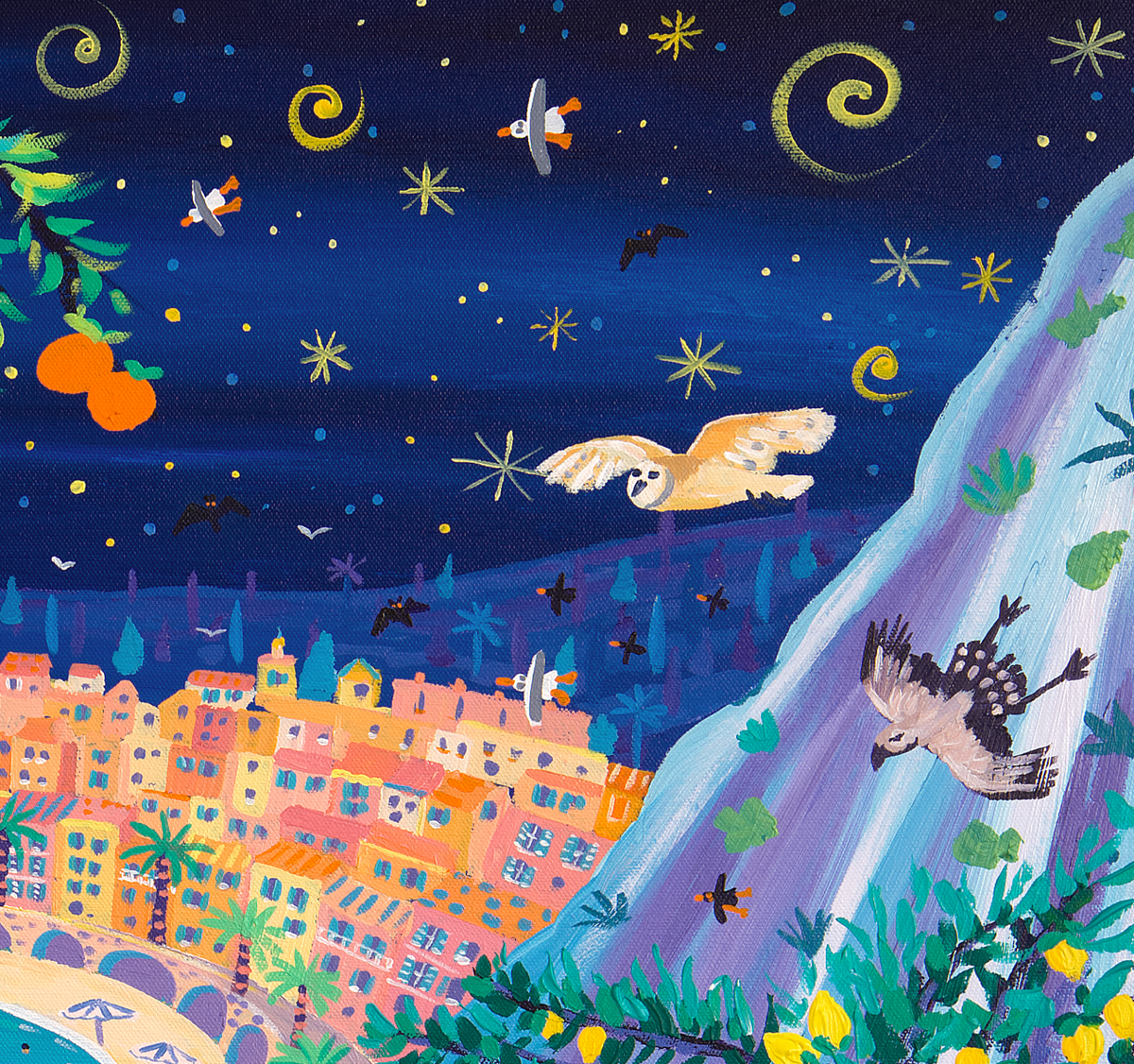 John Dyer Painting. Sailing past the Jardin Des Antipodes, Menton. 80cm x 80cm acrylic on canvas