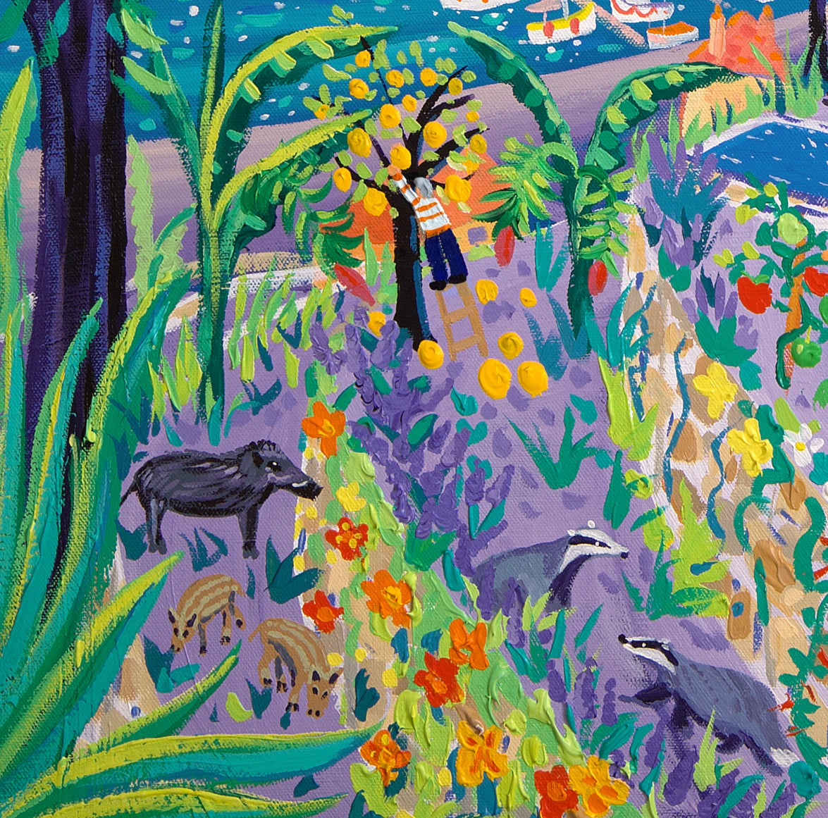 John Dyer Painting. Sailing past the Jardin Des Antipodes, Menton. 80cm x 80cm acrylic on canvas John Dyer